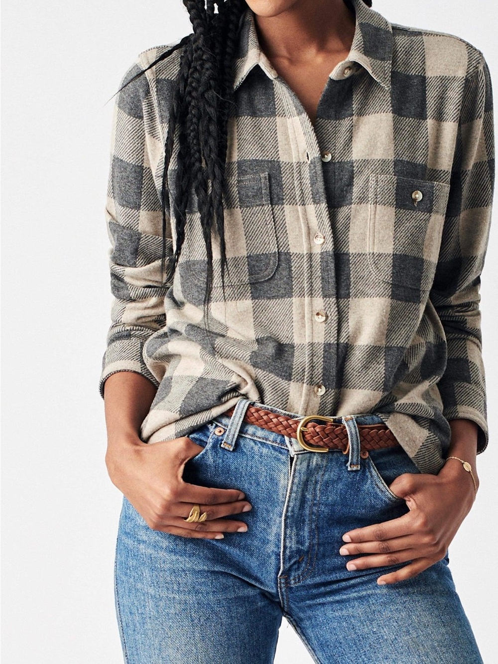 Faherty Legend™ Sweater Shirt in Tan Charcoal Buffalo Check - Picture 2 of 7